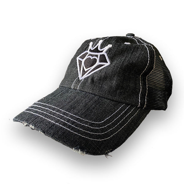 Richie Diamonds™ "King of Hearts" Distressed Black Denim Dad Hat (Limited Edition)