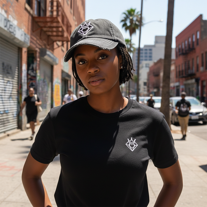 Richie Diamonds™ "King of Hearts" Distressed Black Denim Dad Hat (Limited Edition)