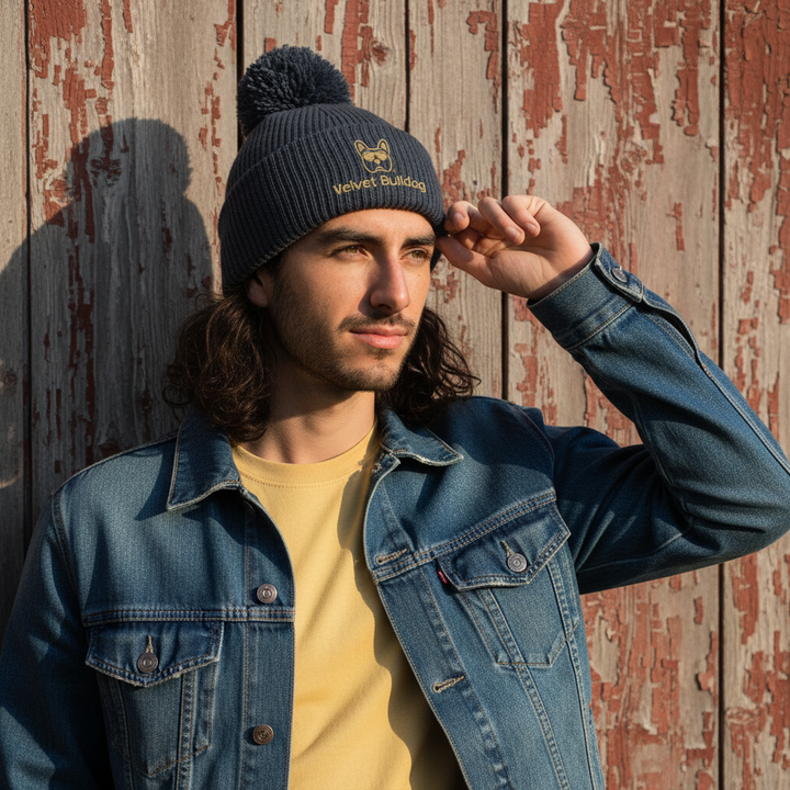 Velvet Bulldog Pom Beanie Navy